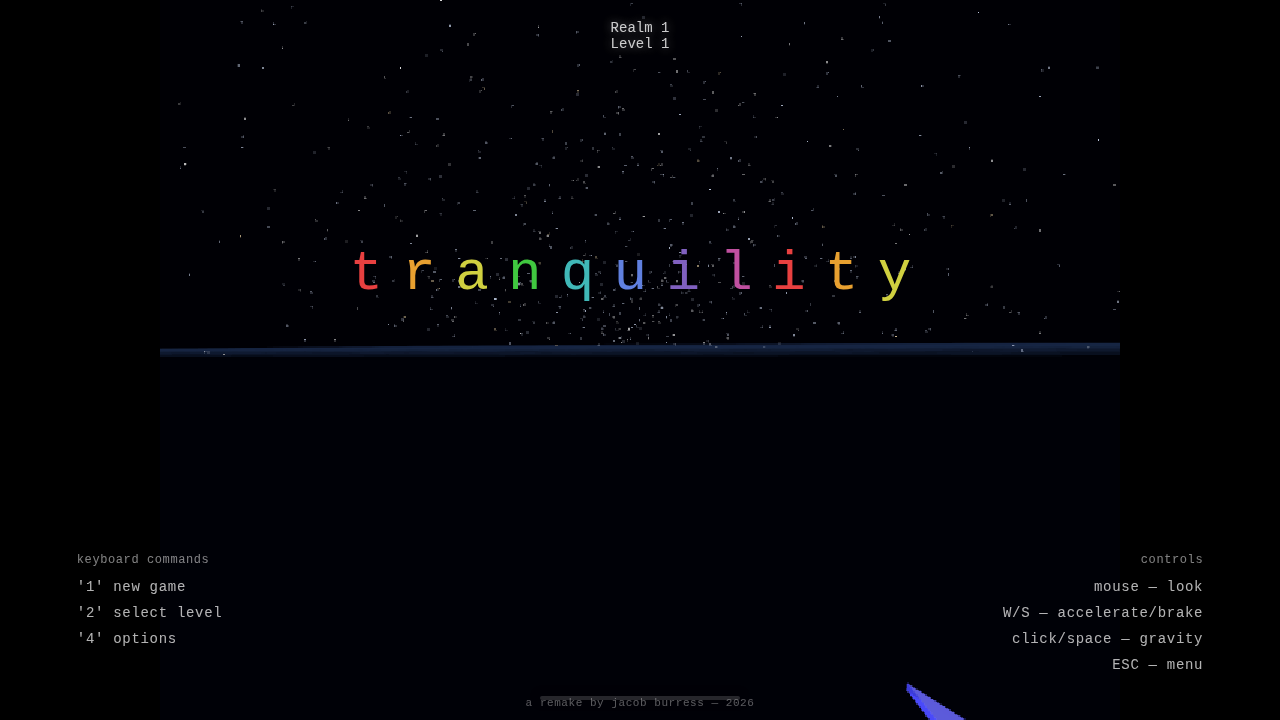 Tranquility remake main menu showing rainbow-colored title, starfield, and level preview